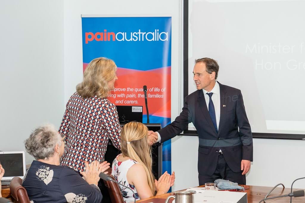 Minister of Health the Hon Greg Hunt and Painaustralia CEO, Carol Bennett at the National Pain Services Directory Launch at Parliament House, Canberra