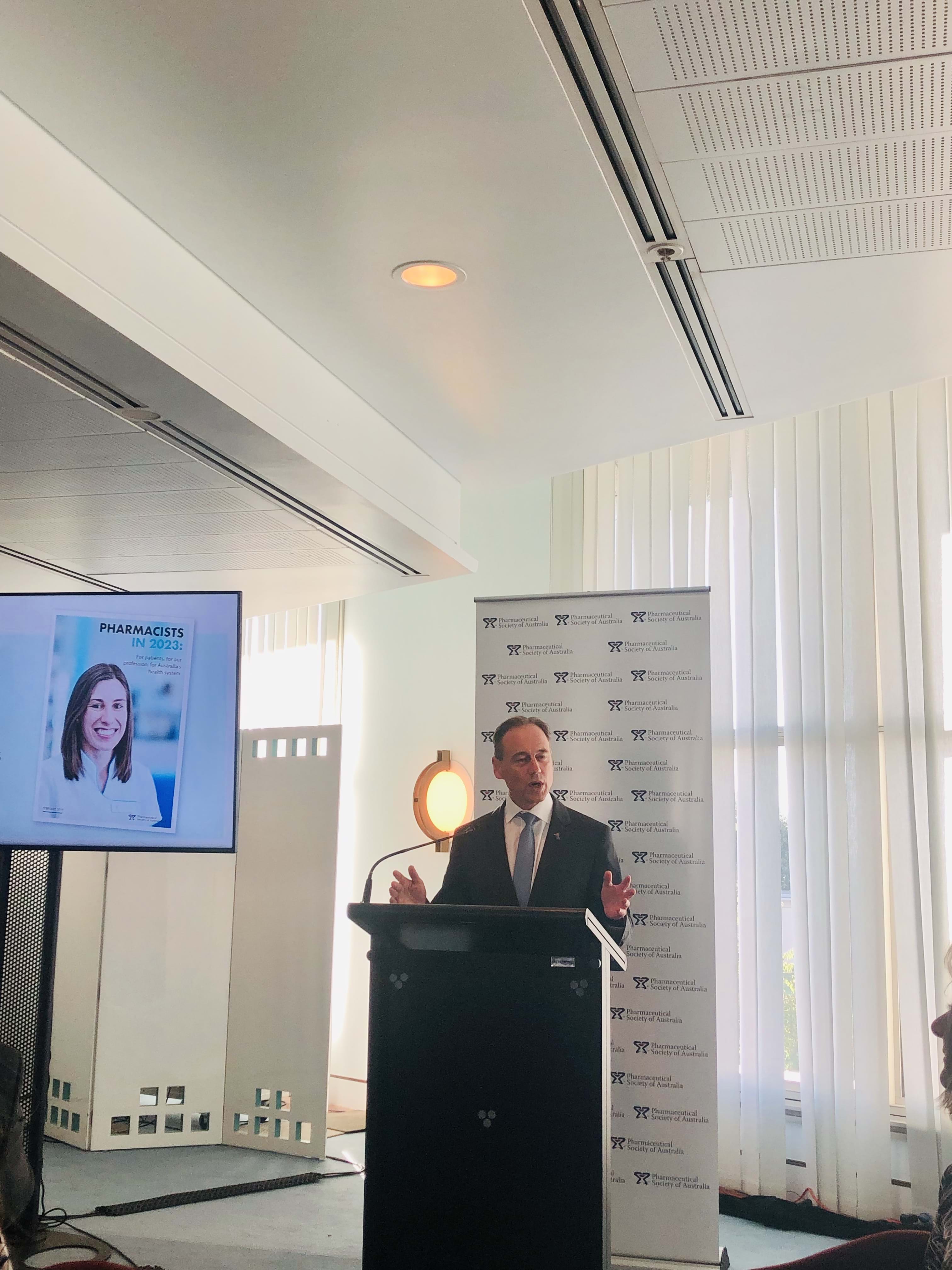 The Hon. Greg Hunt MP at pharmacist breakfast.