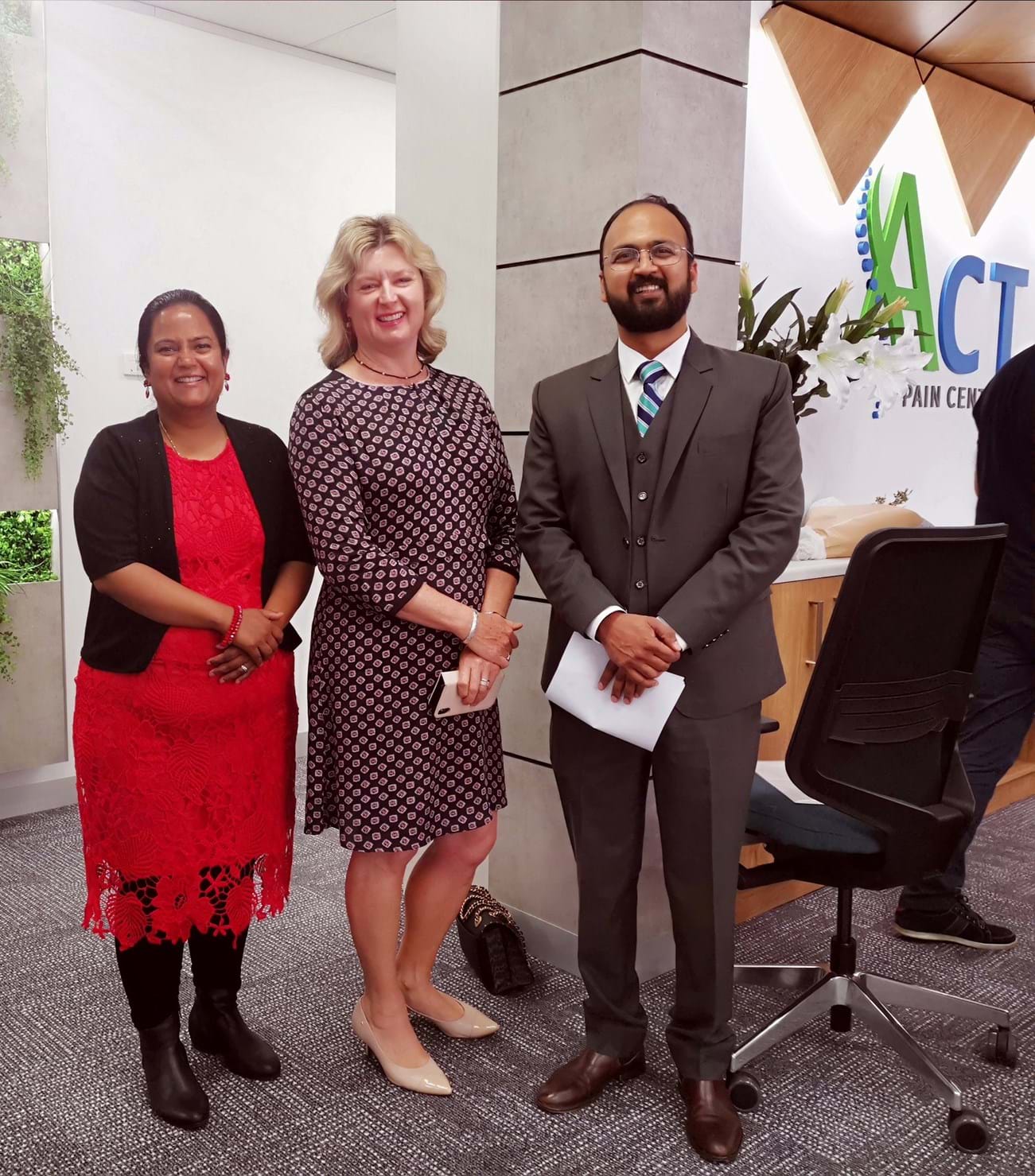 Opening of new ACT Pain Centre Clinic in Canberra, Specialist Pain Medicine Physician and Paediatric Pain Specialist, Dr Anandhi Rangaswamy Painaustralia CEO, Carol Bennett and Founder and Director of ACT Pain Centre, Dr Romil Jain