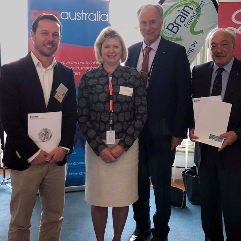 Migraine report launch – Brain Foundation’s Carl Cincinnato, Painaustralia CEO Carol Bennett, MPs John Alexander and Mike Freelander at Parliament House.